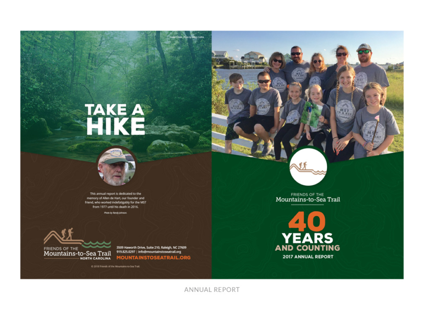 Friends of the Mountains-to-Sea Trail annual report front + back cover